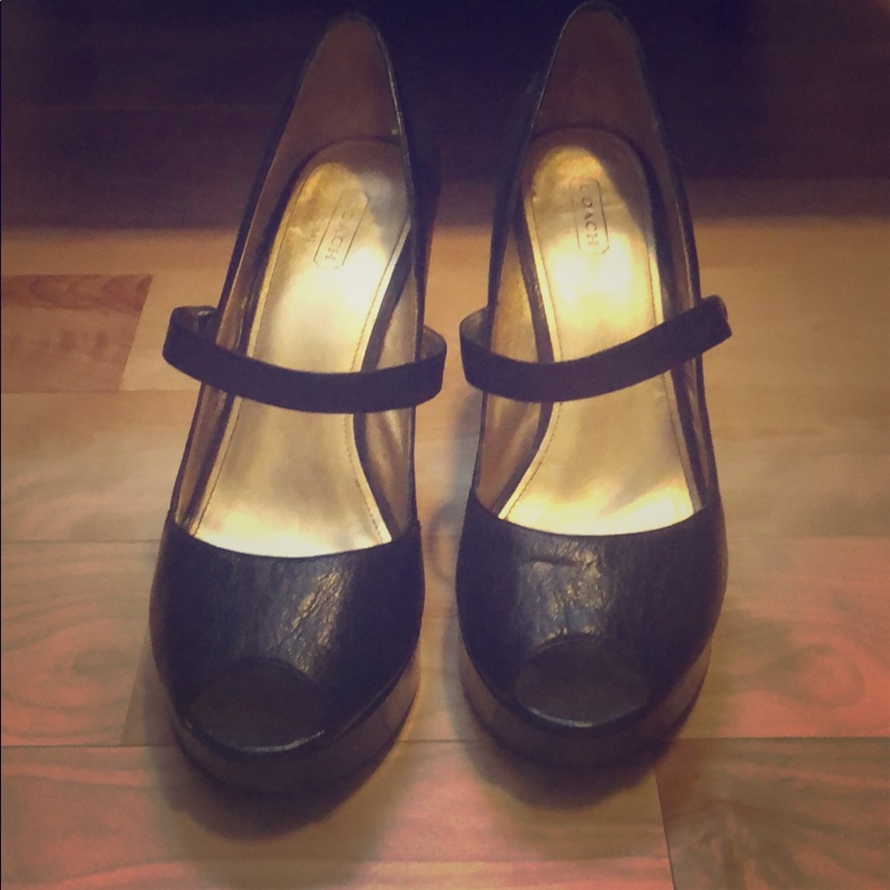 Coach leather peep toe wedge shoes